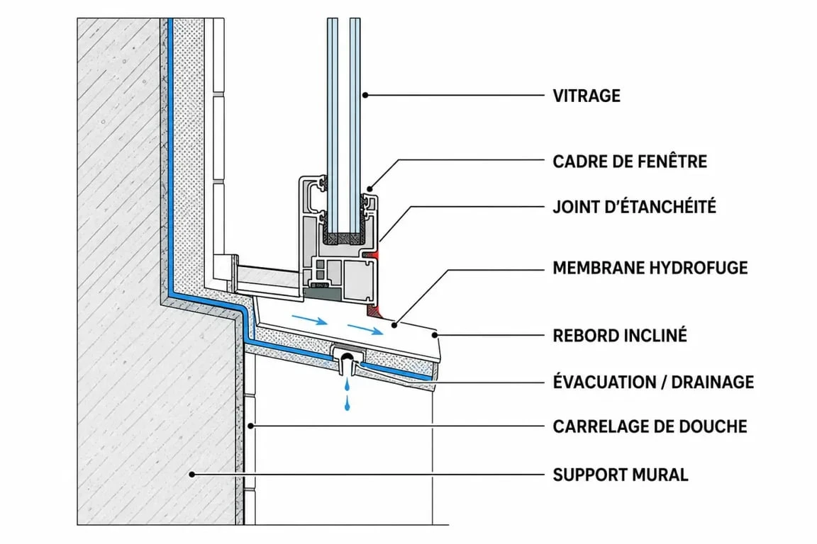 Schéma technique d'une fenêtre dans une douche montrant l'étanchéité et le rebord incliné