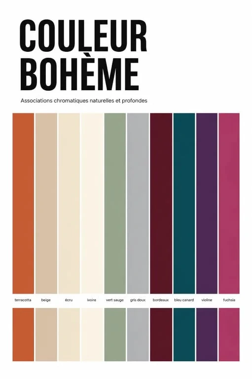 Couleur boheme : palette éditoriale de tons terracotta, beige, ivoire, vert sauge, bleu canard et bordeaux
