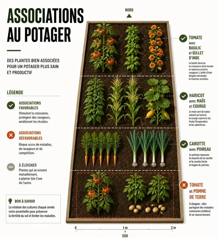 Association de plantes au potager : schéma éditorial des bonnes et mauvaises associations