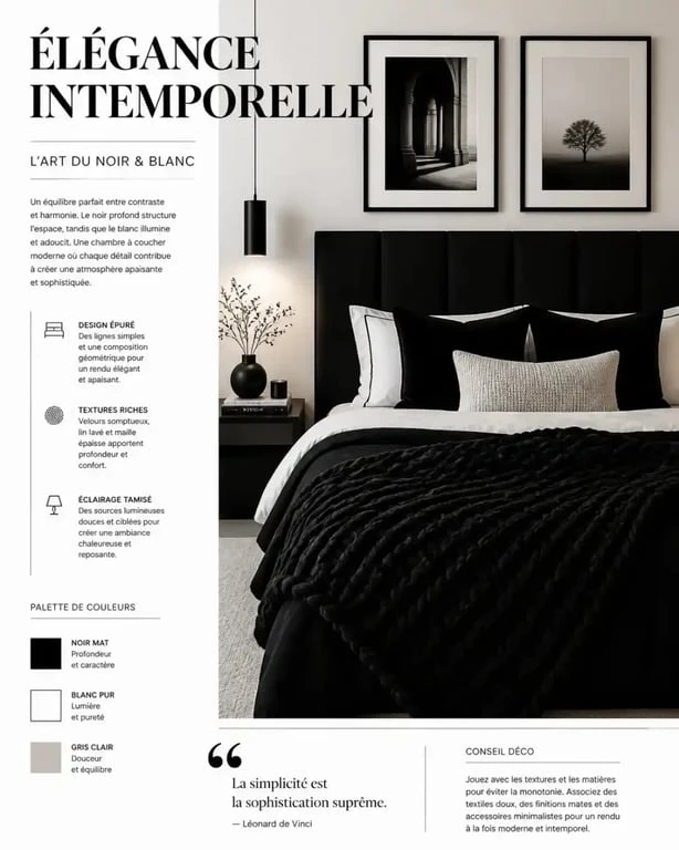 Chambre à coucher élégante avec décoration noir et blanc, mélange de textures et éclairage chaleureux