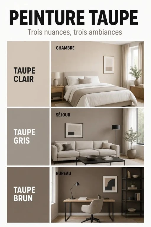Peinture taupe : comparaison visuelle du taupe clair, taupe gris et taupe brun dans une ambiance déco intérieure