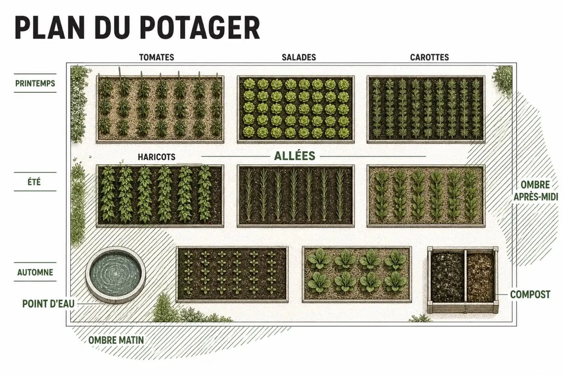 Plan de potager vu de dessus avec planches de culture et allées