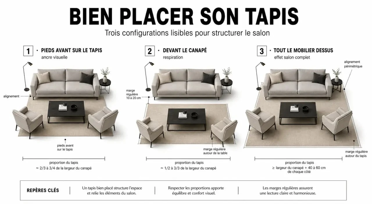 Tapis dans salon : trois façons de placer un tapis par rapport au canapé et à la table basse