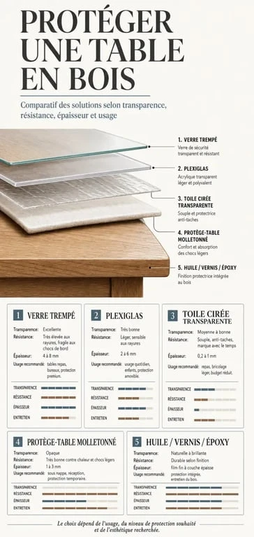 Protection table bois : comparatif visuel des solutions pour protéger un plateau en bois