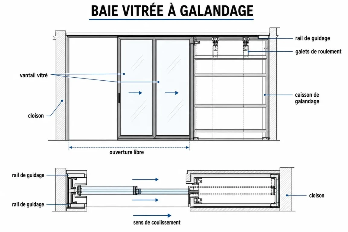 Schéma de fonctionnement d'une baie vitrée à galandage avec vantaux intégrés dans le mur