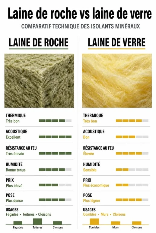 Laine de roche et laine de verre en comparaison visuelle
