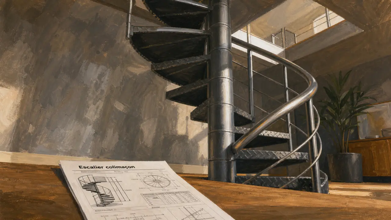 Escalier en colimaçon metallique : trémie, diamètre, finitions