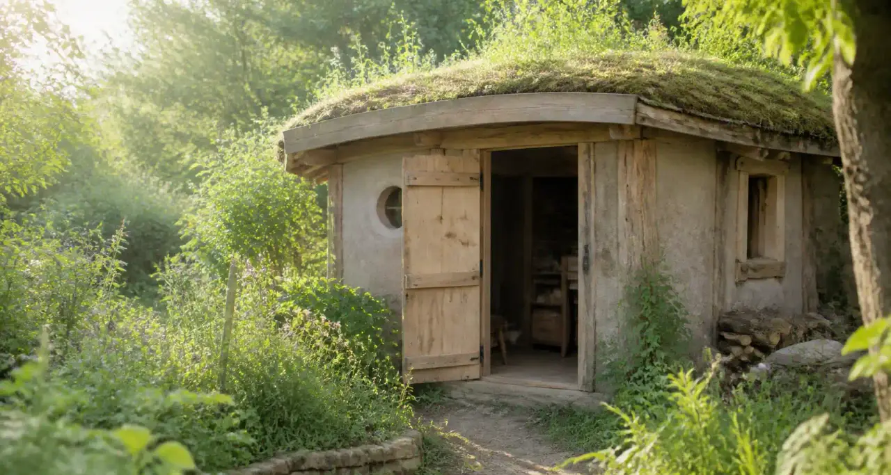Abri de jardin en matériaux naturels avec toiture végétalisée