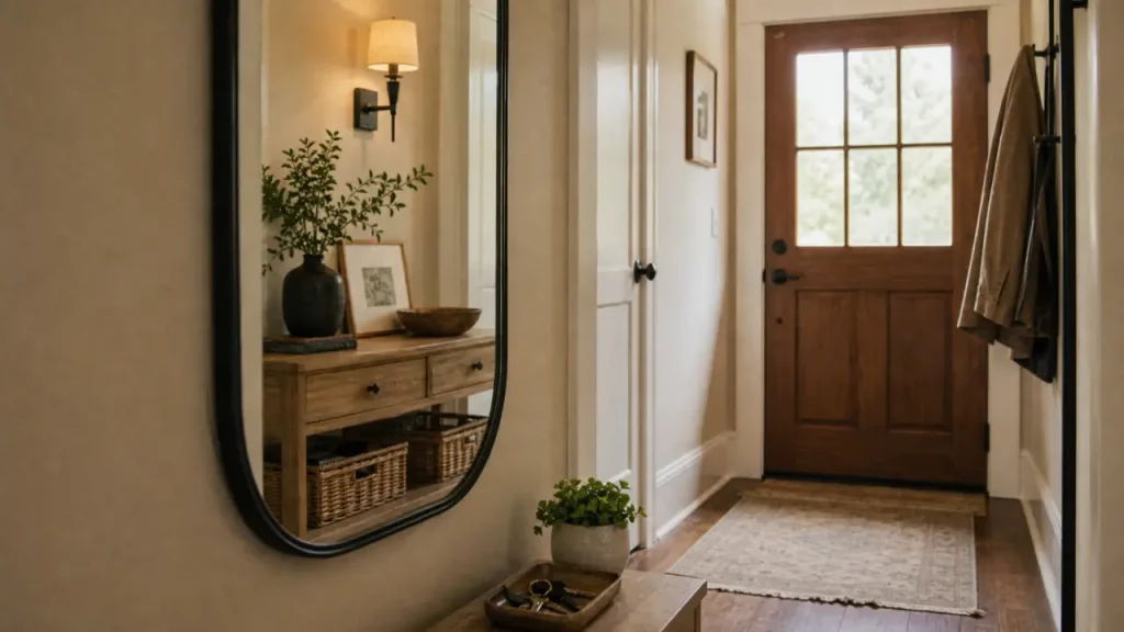 miroir entree sur mur beige, cadre noir, console et applique lumineuse