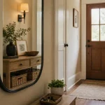 miroir entree sur mur beige, cadre noir, console et applique lumineuse