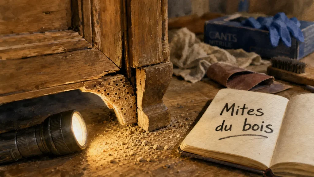 Mites bois meuble : trous et sciure sur pied de commode en bois ancien
