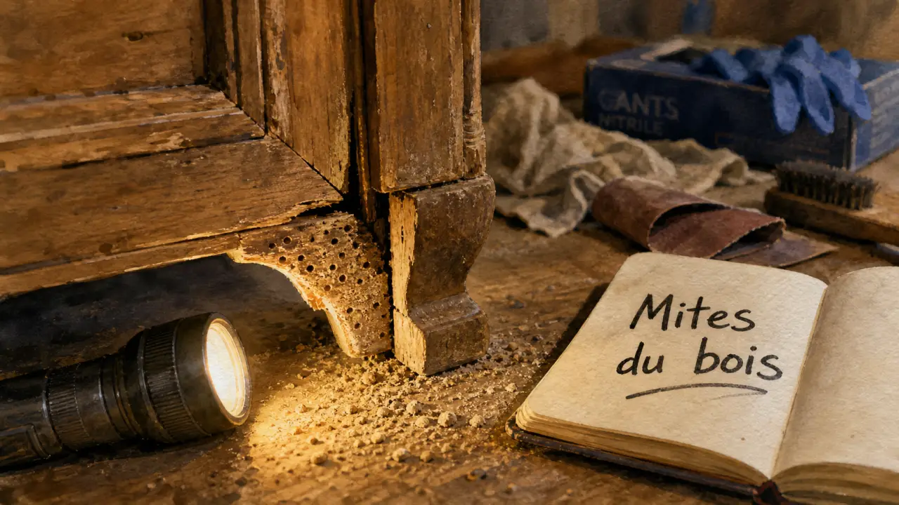 Mites bois meuble : trous et sciure sur pied de commode en bois ancien