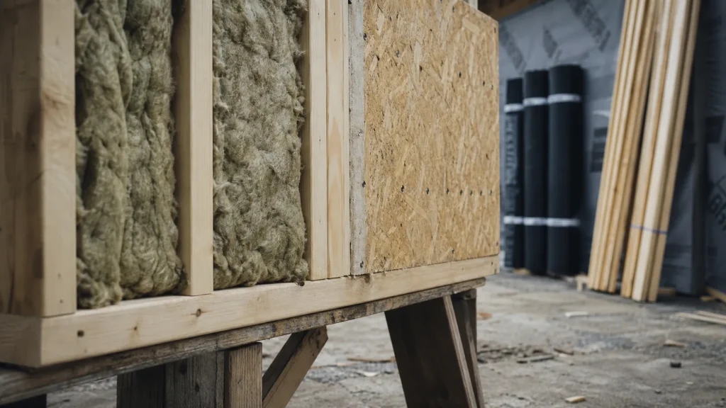 Mur à ossature bois : coupe chantier OSB 12 mm