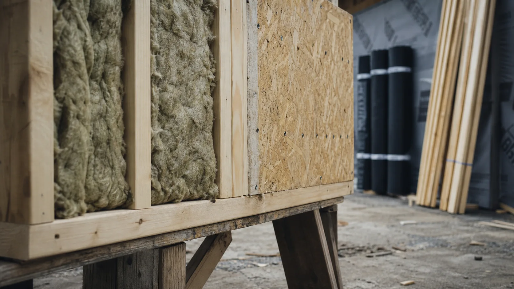 Mur à ossature bois : coupe chantier OSB 12 mm
