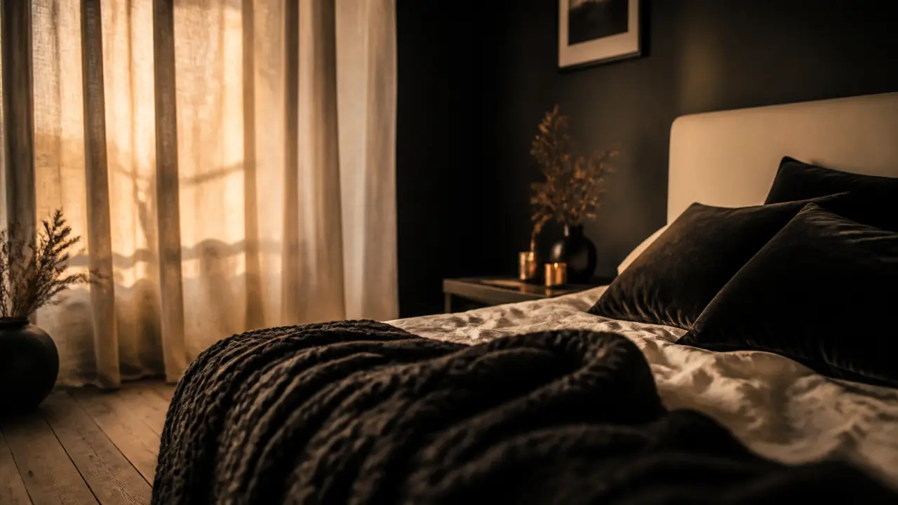 Noir et blanc chambre : lit, couverture maille et velours noir à la golden hour