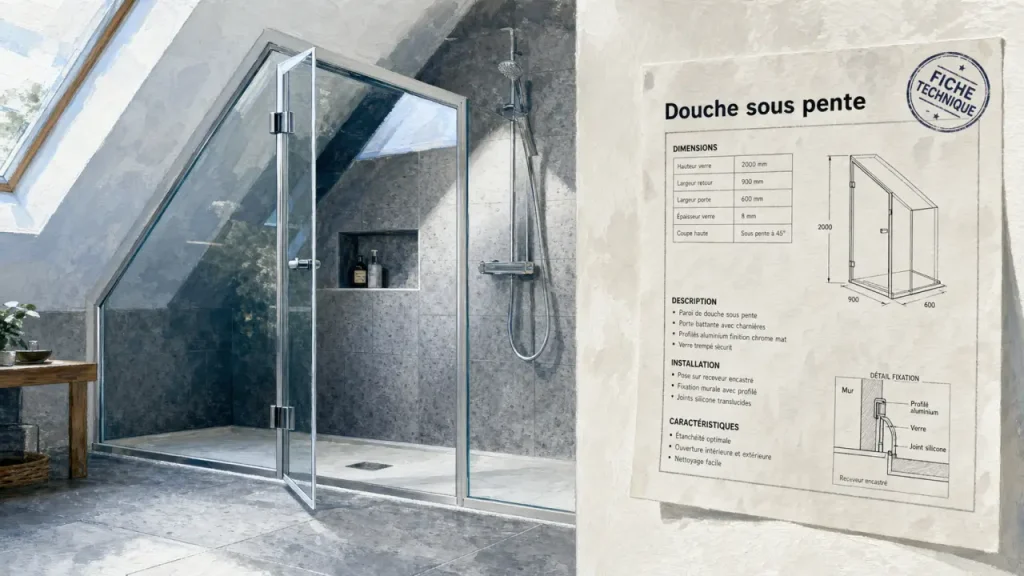 Paroi douche sous pente avec pan coupé et verre 8 mm