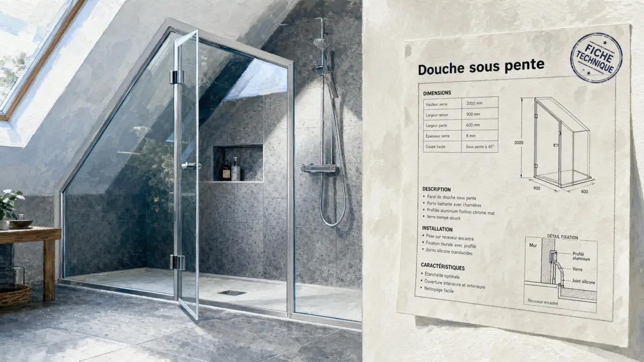 Paroi douche sous pente avec pan coupé et verre 8 mm