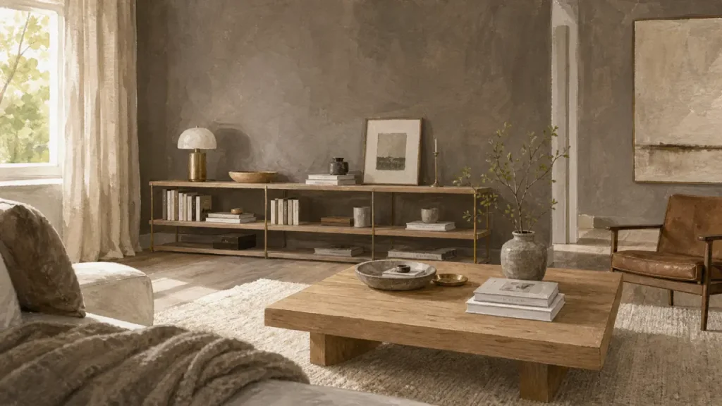 Peinture taupe gris-brun dans un salon contemporain lumineux