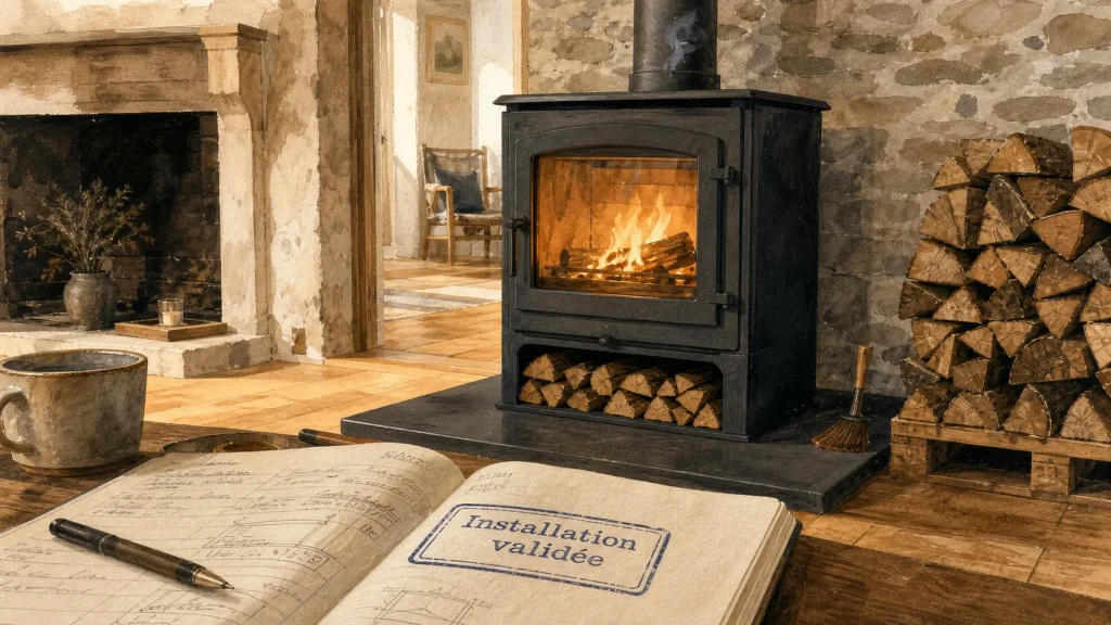 Poele bois jotul en fonte sombre, design durable et vitre