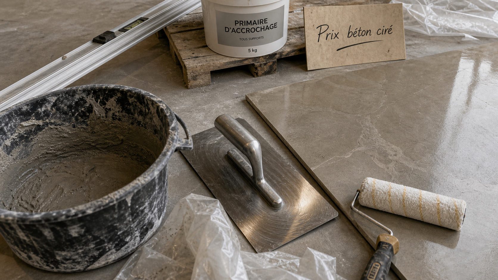 Prix du béton ciré au m2 : échantillon et outils sur chantier