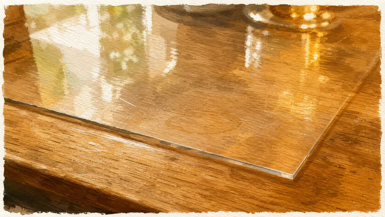 Protection table bois : plaque en verre transparent sur table en bois