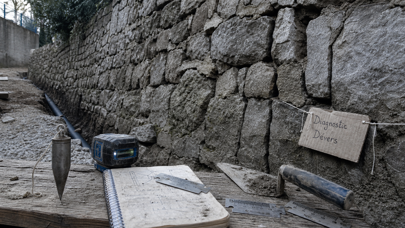 Renforcer un mur en pierre qui penche : diagnostic dévers, niveau laser et fissures