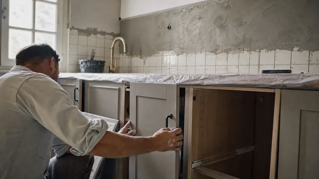 Rénover sa cuisine sans changer les meubles : façade et poignée noires, crédence modernisée