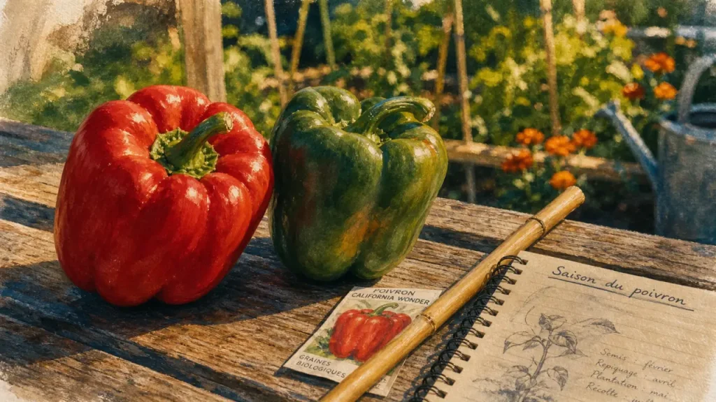 Saison poivron : poivron rouge et poivron vert sur planche bois