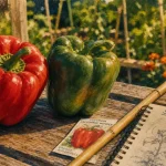 Saison poivron : poivron rouge et poivron vert sur planche bois