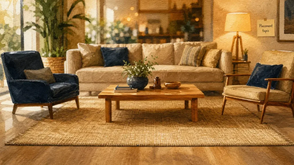 Tapis dans salon sous le canapé : placement idéal