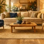 Tapis dans salon sous le canapé : placement idéal