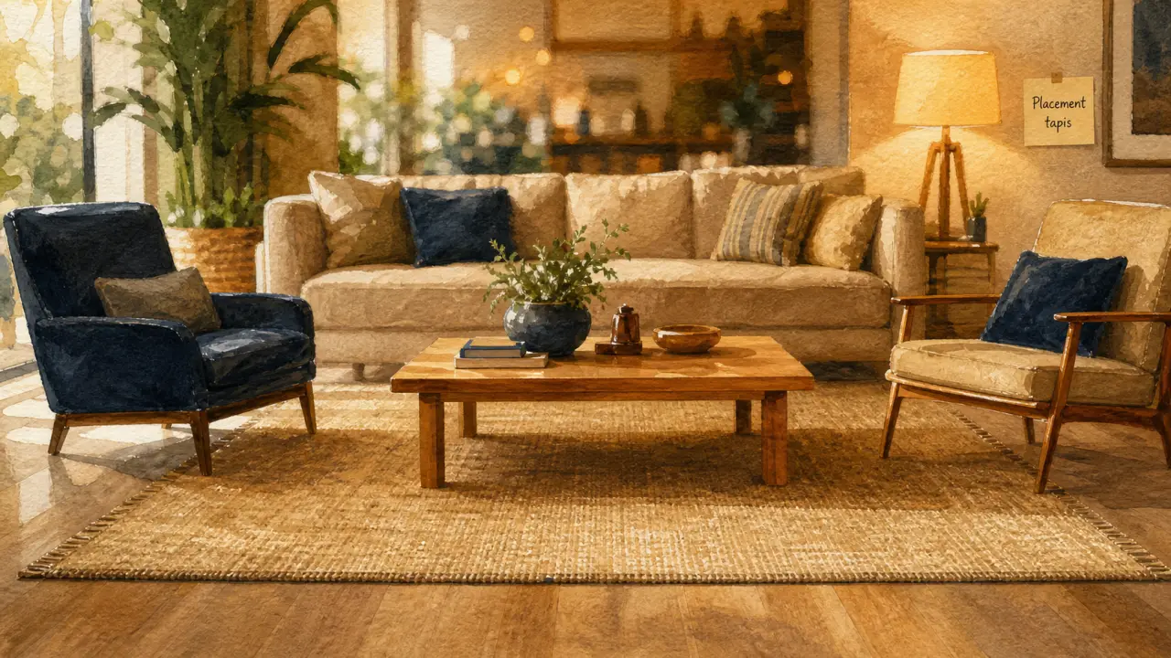 Tapis dans salon sous le canapé : placement idéal