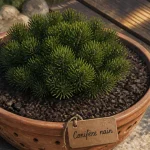 Conifère nain pour bac en forme de boule, vert foncé en bac en terre cuite