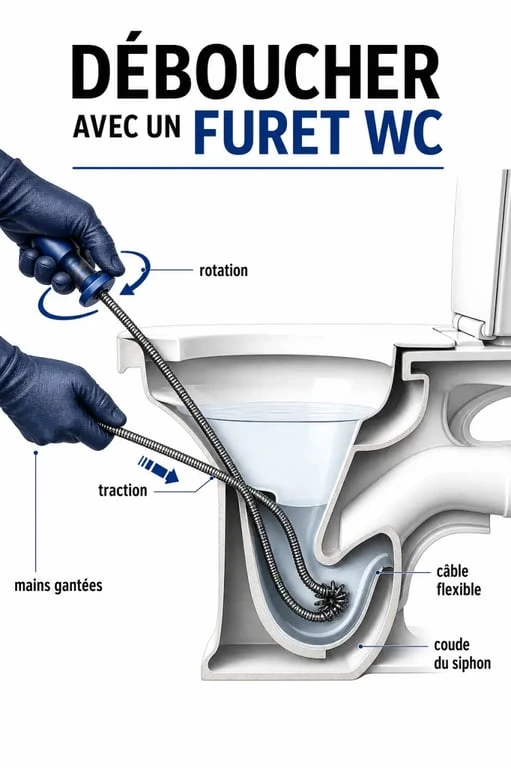 Furet pour wc en cours d’utilisation dans une cuvette, avec rotation et traction du câble