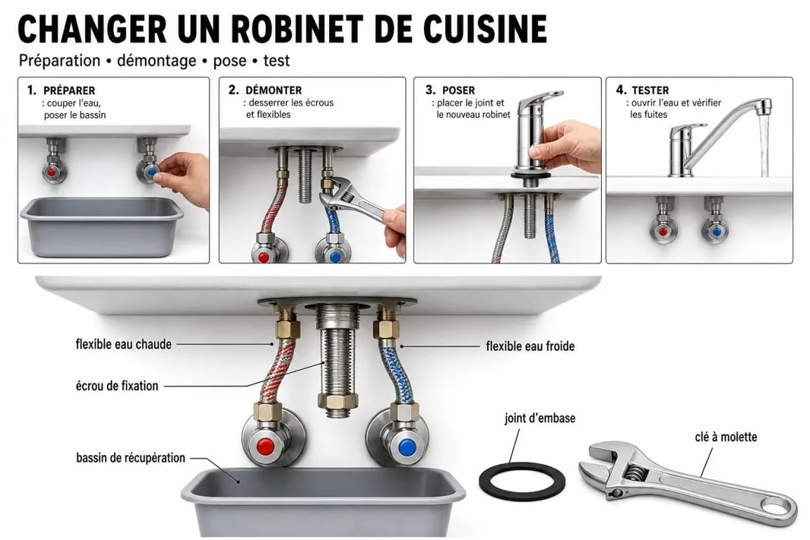 Changer de robinet cuisine : illustration des étapes clés sous l’évier et des points à vérifier avant la pose