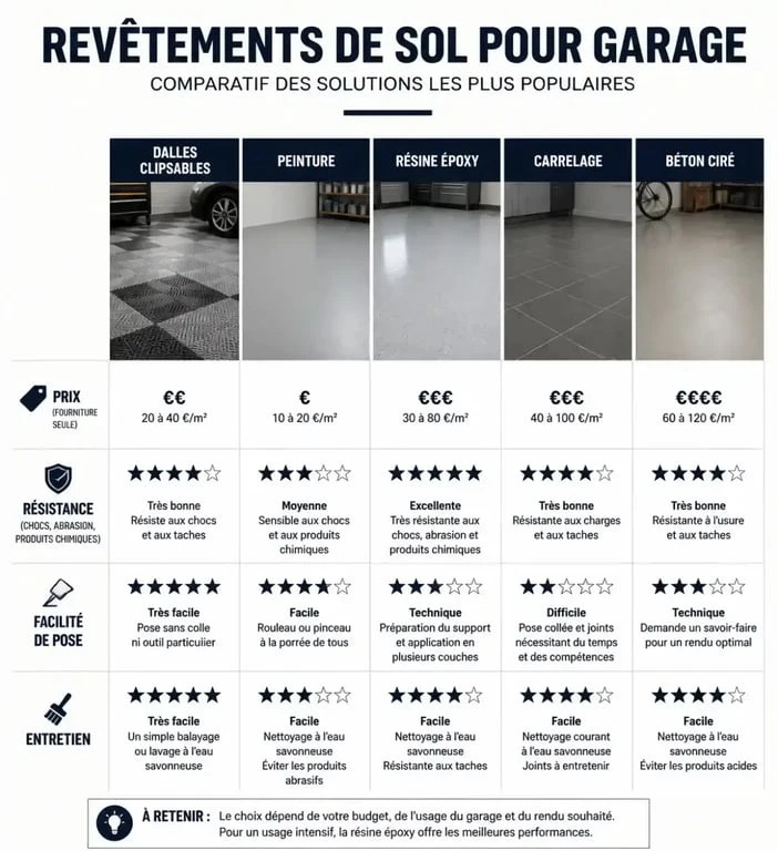 Tableau comparatif des différents types de revêtement sol pour garage
