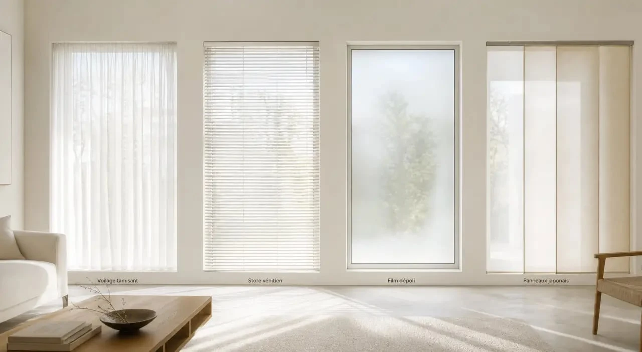 Habiller des fenêtres : comparaison visuelle de voilages, stores, film dépoli et panneaux japonais dans un intérieur lumineux