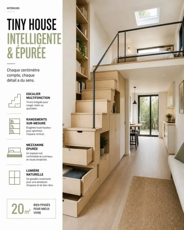 Aménagement tiny house avec escalier multifonction et rangements optimisés