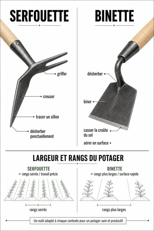 Serfouette ou binette : infographie comparative sur les usages et la forme des outils de jardin