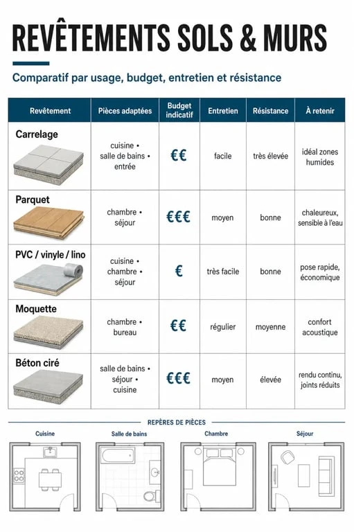 Travaux revêtement : infographie comparative des revêtements de sol et mur selon usage, budget et entretien
