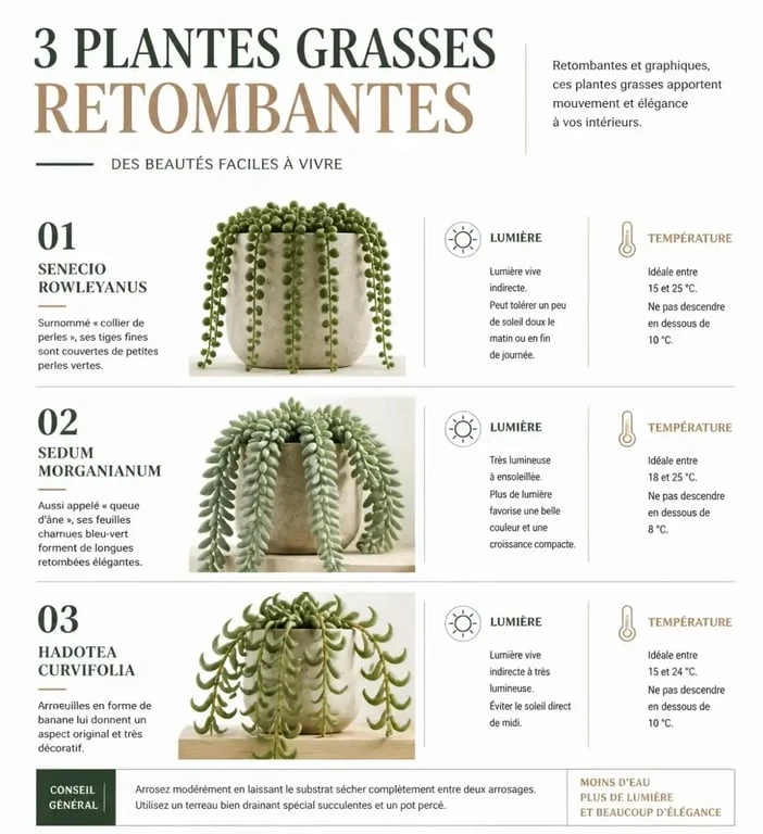 Infographie comparative des besoins en lumière et température pour les plantes grasses retombantes
