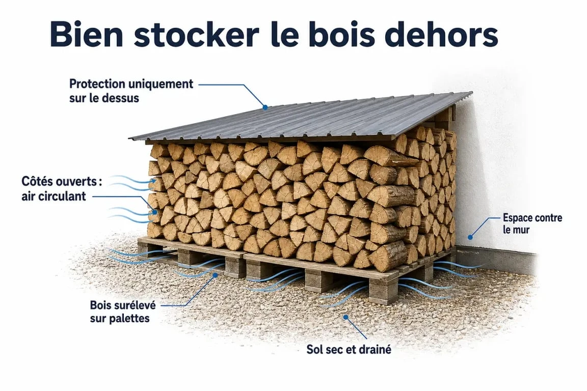 Bonnes pratiques de rangement du bois avec bûches surélevées et bien ventilées
