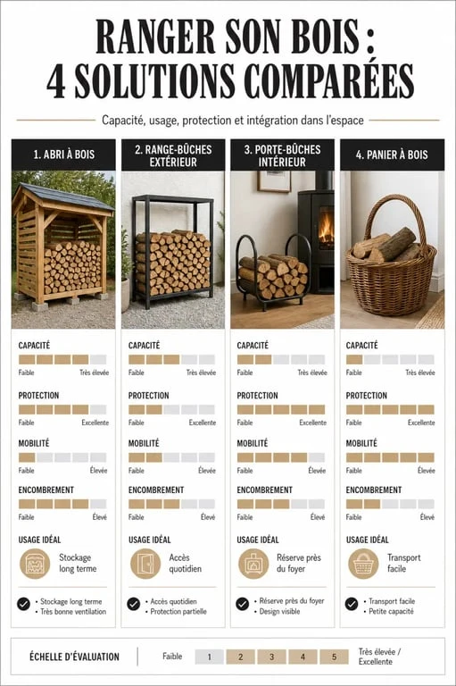 Comparatif des solutions de rangement du bois pour stocker et protéger les bûches