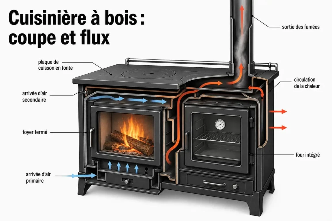 Schéma d’une cuisinière bois montrant le foyer, la plaque de cuisson, le four et les arrivées d’air