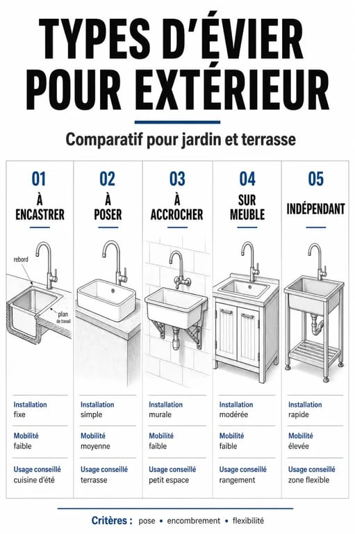 Comparatif des types d’évier pour extérieur pour terrasse, jardin et cuisine d’été