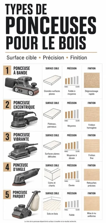 Ponceuse pour le bois : infographie comparative des types selon la surface, la précision et la finition