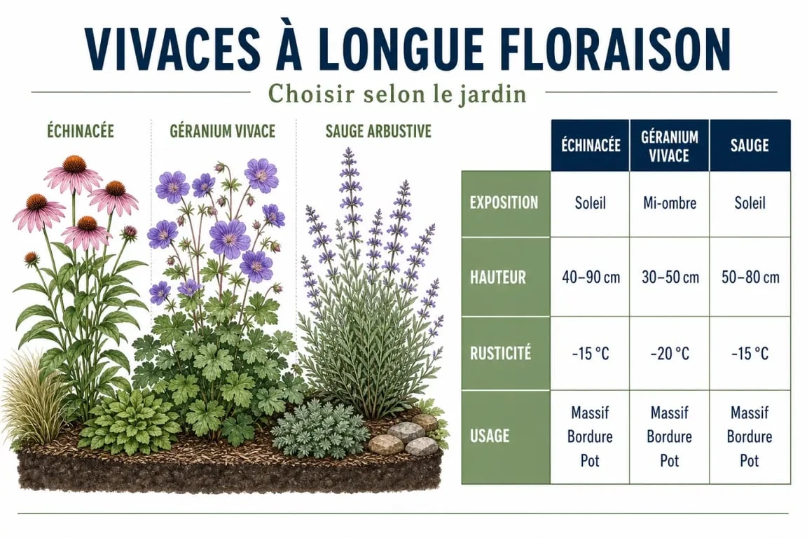 Comparatif fleur vivace longue floraison selon exposition, hauteur, rusticité et usage