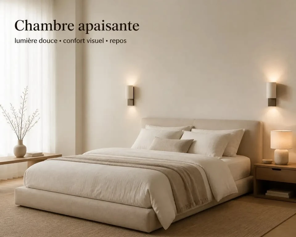 Luminaire design dans une chambre avec appliques murales et lampe à poser