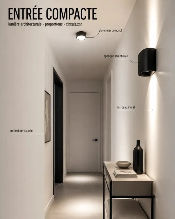 Luminaire design dans une entrée avec plafonnier compact et applique murale