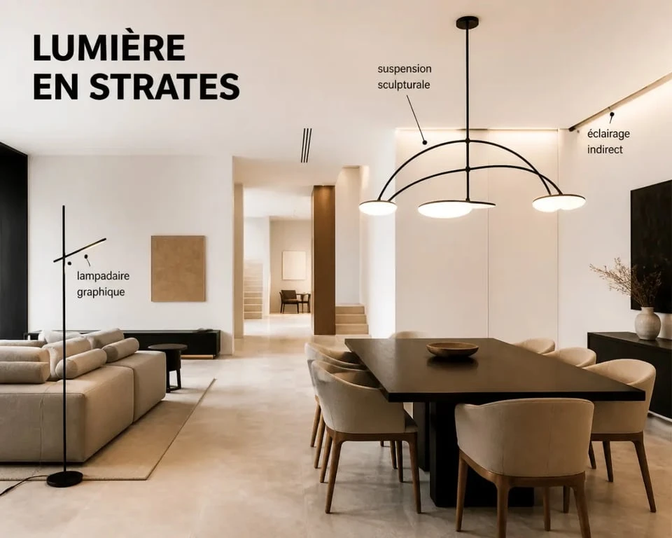 Luminaire design dans un salon-salle à manger contemporain avec suspension sculpturale